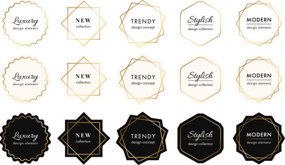 Vector collection of modern minimal golden frames. Luxury labels with copy space for text. Simple abstract minimalist badges set. Stylish linear logotype borders. Trendy geometric design elements - 774442174