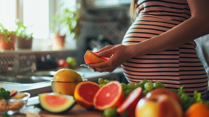Portrait cropped a pregnant woman holding fresh healthy fruit nutrition. AI generated image