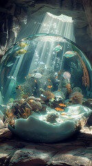 A surreal underwater grotto, with shafts of sunlight filtering through the surface and illuminating hidden chambers filled with exotic sea creatures, all encapsulated within a mesmerizing 3D
