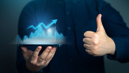 Businessman showing successful growth and thumbs up. Achieve business revenue growth goals. Growth...