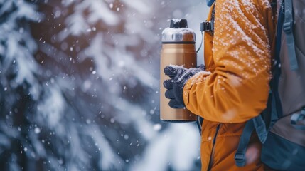 Portrait man in yellow jacket holding insulated drink container on cold winter season. AI generated