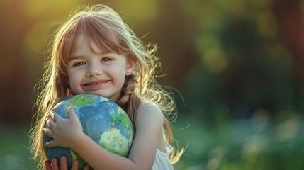 Fototapeta na wymiar A little girl with a globe on nature background