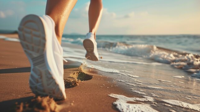 Portrait of a female athlete feet wearing sport shoes running on the beach. Generated AI image