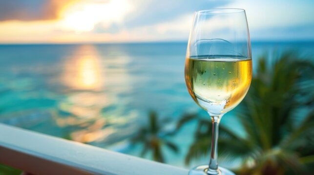One glass of wine on the balcony with blur beach background copy space. Generated AI image