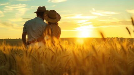 Back view romantic couple staying at a wheat field at sunset dawn landscape. AI generated image - obrazy, fototapety, plakaty