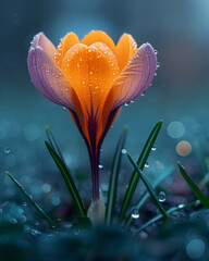 Single flower of crocus in the spring rain, selective focus, sunrises, background bokeh