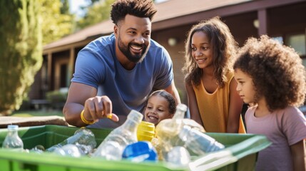 Fototapeta premium Green Family: eco-conscious parenting, teaching kids how to recycle. Recycling waste, plastic into recycling bins