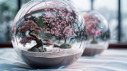 Foto auf Acrylglas A tranquil Zen garden with meticulously raked sand and bonsai trees, where the air is filled with the fragrance of cherry blossoms, captured within a serene 3D glass globe. © Ammara studio