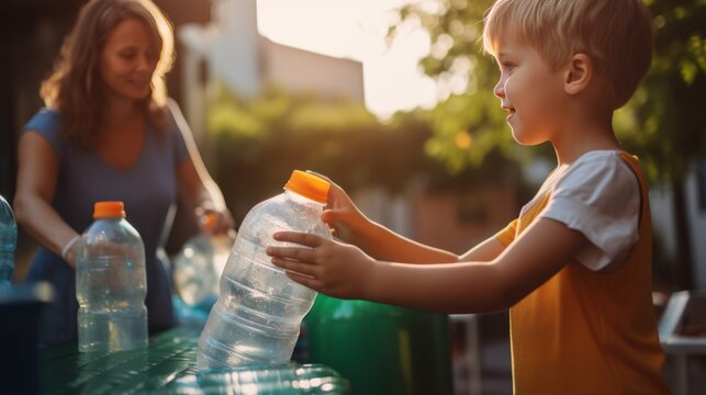 Green Family: eco-conscious parenting, teaching kids how to recycle. Recycling waste, plastic into recycling bins - Powered by Adobe