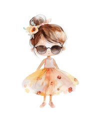 Cute little cartoon girl in a dress and sunglasses. Watercolor illustration. - 774443792