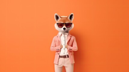 Fototapeta premium A fox wearing sunglasses. Close-up portrait of a fox. An anthopomorphic creature. A fictional character for advertising and marketing. Humorous character for graphic design.
