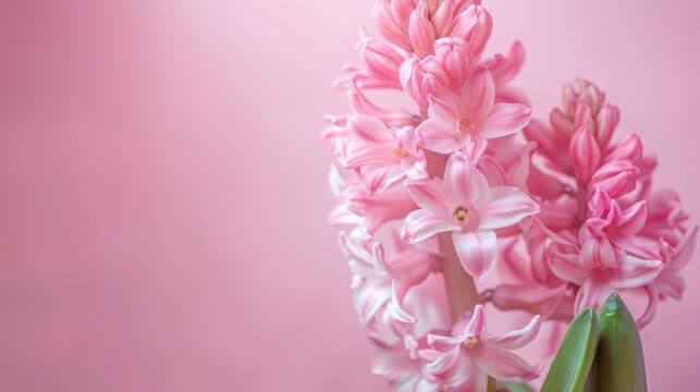 Beautiful pink hyacinth flower blooming isolated copy space pink background. AI generated image