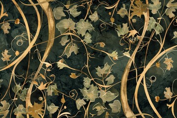 A texture combining the flowing, elegant lines of Art Nouveau with floral elements, featuring strands of green ivy and golden accents created with Generative AI Technology