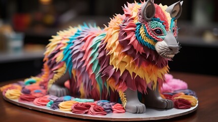 Animal-shaped cake decorated with colorful frosting and candy accents.