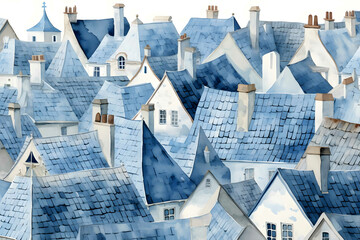 Beaugency roofs pattern, detailed watercolor illustration, isometric view, blue tones