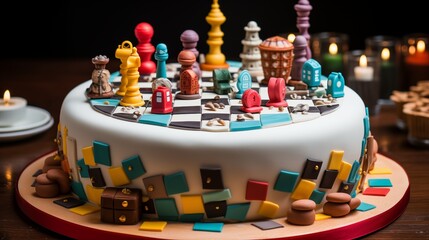 Board game-themed cake with a fondant game board and edible playing pieces.