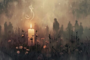 Candle flame casting a gentle glow amidst a field of wildflowers during twilight evoking a sense of peace - obrazy, fototapety, plakaty