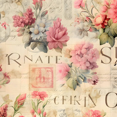 shabby chic vintage layered pattern of flora, vintage letters, stamps