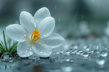 Single flower of white crocus in the spring rain, selective focus, background bokeh