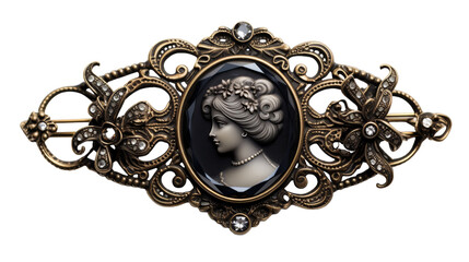 A stunning brooch featuring a detailed portrait of a woman with intricate design - obrazy, fototapety, plakaty