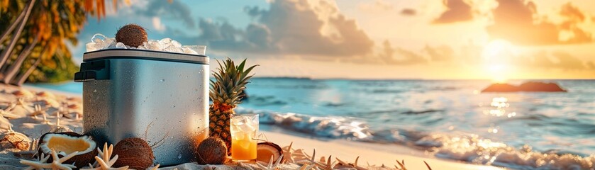 Idyllic summer beach setting with a picnic spread including an ice cooler, coconuts, and pineapple, designed with extra copy space for a tranquil holiday atmosphere. - obrazy, fototapety, plakaty