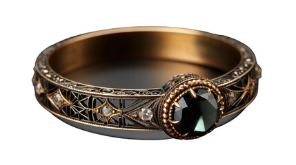 A luxurious gold ring with a striking black stone set in the center, exuding sophistication and mystery