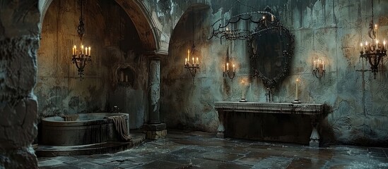Ornate Gothic Dressing Chamber in a Medieval Castle with Candelabras and Stone Walls - obrazy, fototapety, plakaty