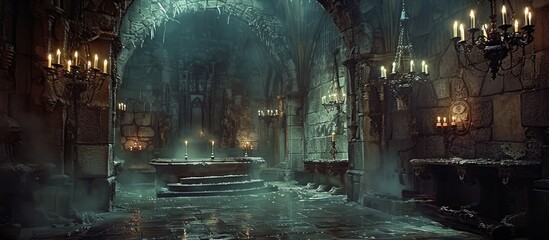 Ornate Gothic Candelabra-Lit Medieval Castle Dressing Room with Atmospheric Moody Lighting