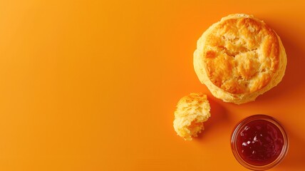 A freshly baked scone with a bite taken out, next to jar of jam on an orange background