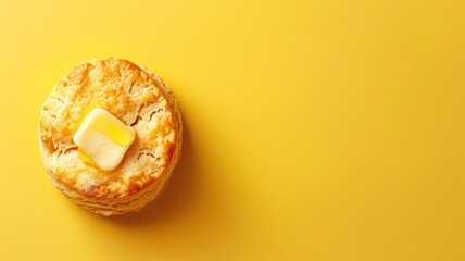 A freshly baked, flaky pastry with a melting pat of butter on yellow background