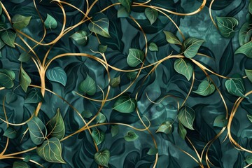 A texture combining the flowing, elegant lines of Art Nouveau with floral elements, featuring strands of green ivy and golden accents created with Generative AI Technology - obrazy, fototapety, plakaty