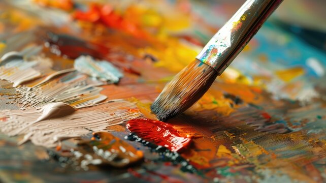 A paintbrush mixes vibrant oil paints on a colorful palette