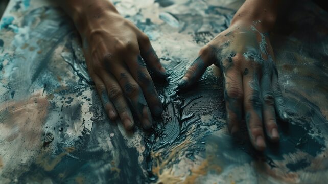 Hands smeared with paint creatively spread across a colorful canvas in an artful display