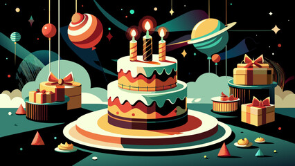 Joyful Celebration: A Beautiful Cartoon Vector of a Birthday Cake