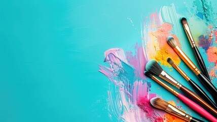 A vibrant array of paint brushes against a colorful backdrop with splashes