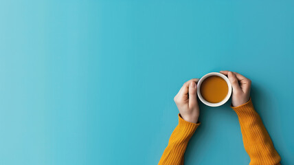 Hands holding a cup of coffee on blue background