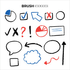 Hand drawn sketch marker icon, symbol, signs, arrows, check mark, speech bubble, geometric shapes