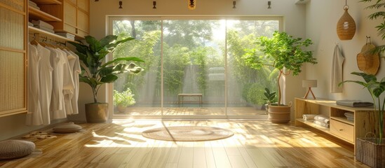 Zen-Inspired Dressing Room with Bamboo Flooring and Natural Sunlight in a Tranquil Spa Setting