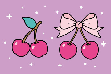Whimsical Cherry Blooms Vector Icons with Ribbon Bows Purple and Pink