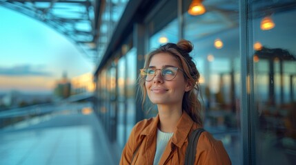 A young woman with glasses smiling optimistically as she looks away, with blurred city lights in the background