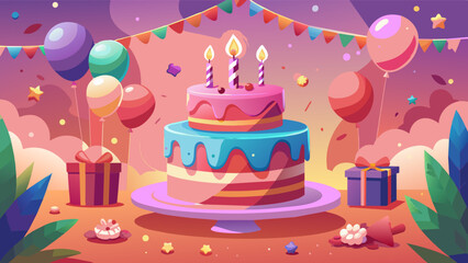 Joyful Celebration: A Beautiful Cartoon Vector of a Birthday Cake