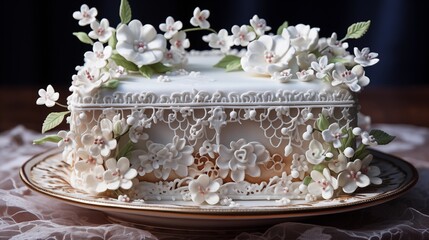 Cake decorated with edible lace created using a sugar lace mold.