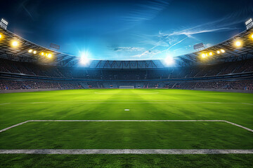A large soccer stadium at night with lights shining on the green field 