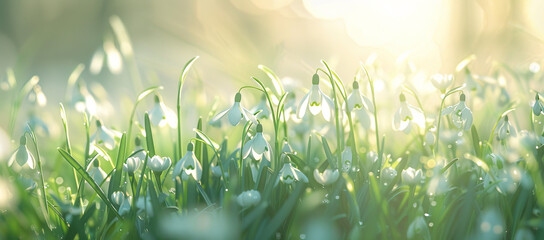 Gorgeous snowdrops bathed in sunlight amid grass, creating an ethereal ambiance