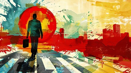 Man in black suit on background with red circle. A politician, businessman or entrepreneur is going somewhere. Digital art in watercolor style. Illustration for cover, card, interior design, etc.