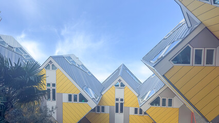 Yellow cubic houses in Rotterdam. The -kubuswoningen-in Rotterdam are a tourist attraction. 