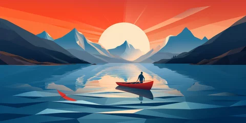 Fotobehang Sailboat Fisherman Paper Art: Mountain River Scene © jesica
