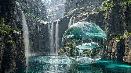 A serene glacial fjord flanked by towering cliffs and cascading waterfalls, where icebergs float serenely in the crystal-clear waters, enclosed within a majestic 3D glass globe.