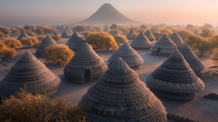 An ancient village of cone-shaped thatched houses against a backdrop of mountains. Native dwelling. Illustration for cover, card, postcard, interior design, poster, brochure or presentation.