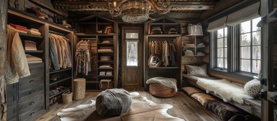 Rustic and Cozy Dressing Room Retreat in a Log Cabin with Exposed Wooden Beams and Animal Hide Rugs - obrazy, fototapety, plakaty
